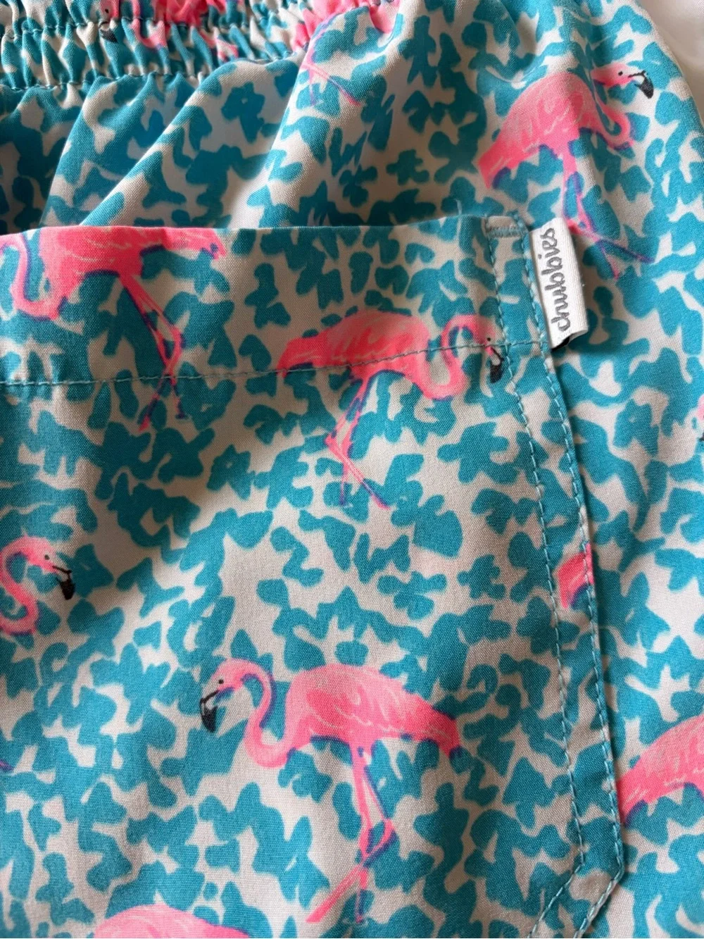 chubbies Teal and Pink Flamingo Swim Trunks